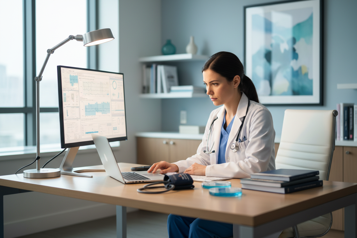 doctor at desk looking at computer